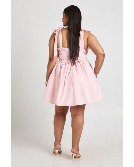 Boohoo Pink Plus Cotton Ruched Bust Shoulder Tie Mini Dress