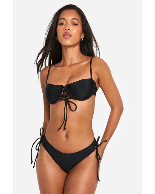 Boohoo Black Lace Up Detail Underwired Bikini Top