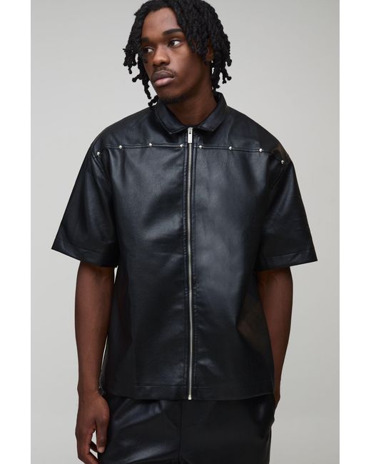 BoohooMAN Black Tall Oversized Studded Leather Look Short Sleeve Shirt for men
