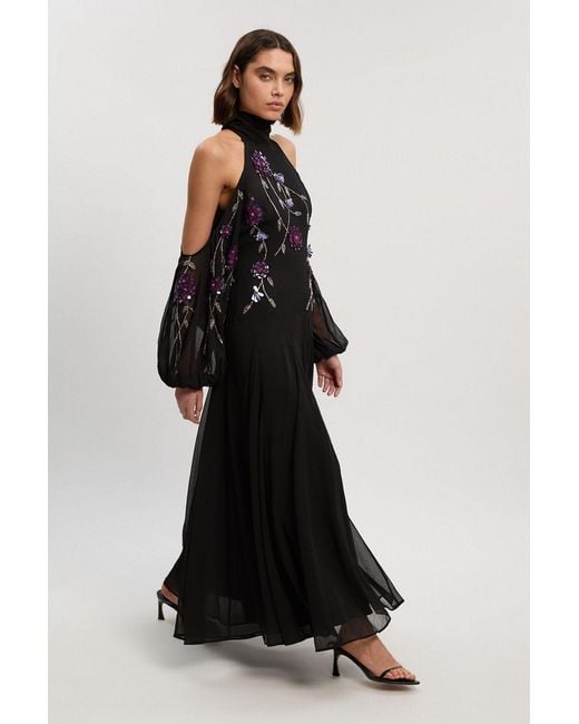 Karen Millen Black Cold Shoulder 3D Floral Applique Woven Maxi Dress