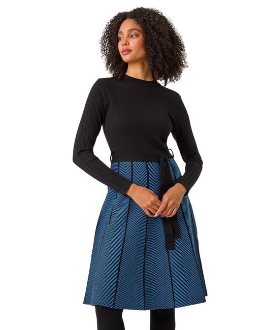 Roman Blue Chevron Print Belted Jumper Dress