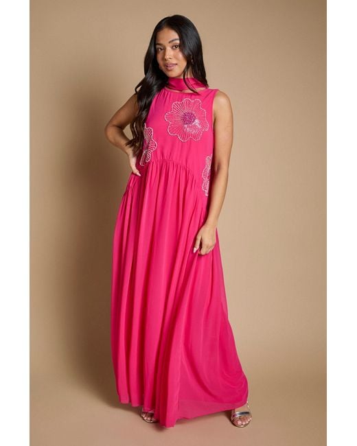 Oasis Pink Petite Scarf Detail Hand Stitched Midaxi Dress