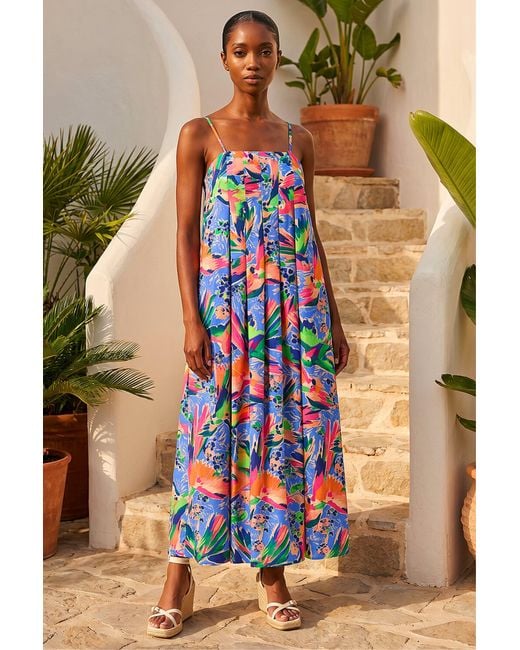 Roman Blue Petite Abstract Tropical Midi Dress