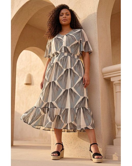 Roman Black Curve Abstract Button Detail Midi Dress