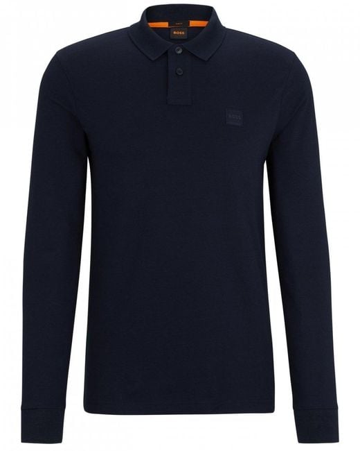 Boss Blue Passerby Long Sleeve Stretch-Cotton Polo Shirt With Logo Patch Nos for men