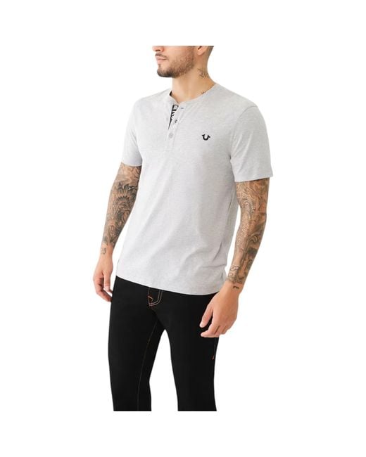 True Religion Gray 108426 Henley T Shirt Short Sleeve Logo Placket Cotton Tee for men