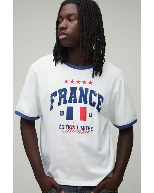 BoohooMAN Black Boxy Regular France Print Ringer T-Shirt for men