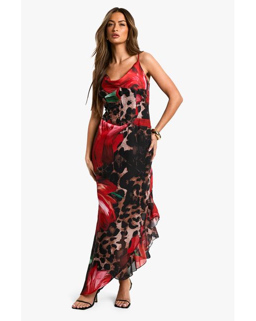 Boohoo Red Leopard Floral Mix Chiffon Corset Maxi Dress