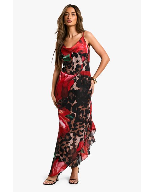 Boohoo Red Leopard Floral Mix Chiffon Corset Maxi Dress