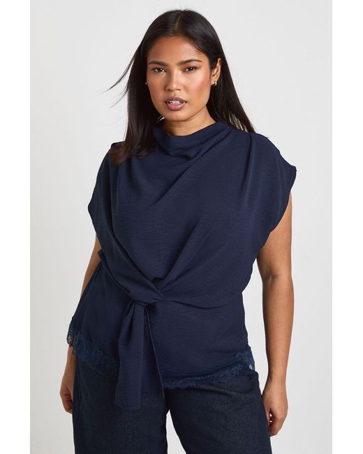 Boohoo Blue Plus Knot Cowl Neck Lace Trim Blouse