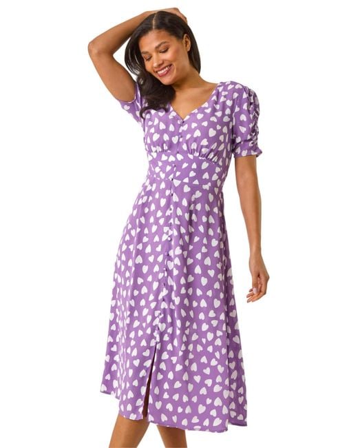 Roman Purple Heart Print Ruched Midi Dress