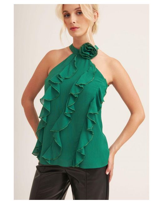 Gini London Green Ruffle Detail Halter Neck Top