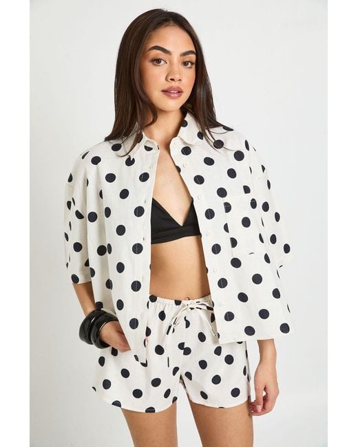 Boohoo White Polka Dot Linen Look Boxy Shirt & Short Co-Ord
