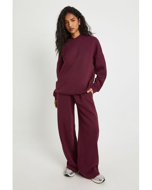 Boohoo Red Neck Detail Sweatshirt Wide Leg Tracksuit