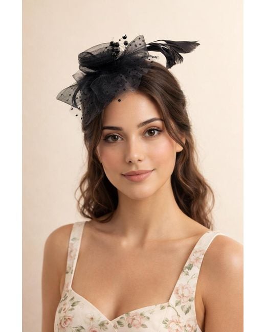 SVNX Black Rosette Faux Pearl & Polka Veil Feather Fascinator