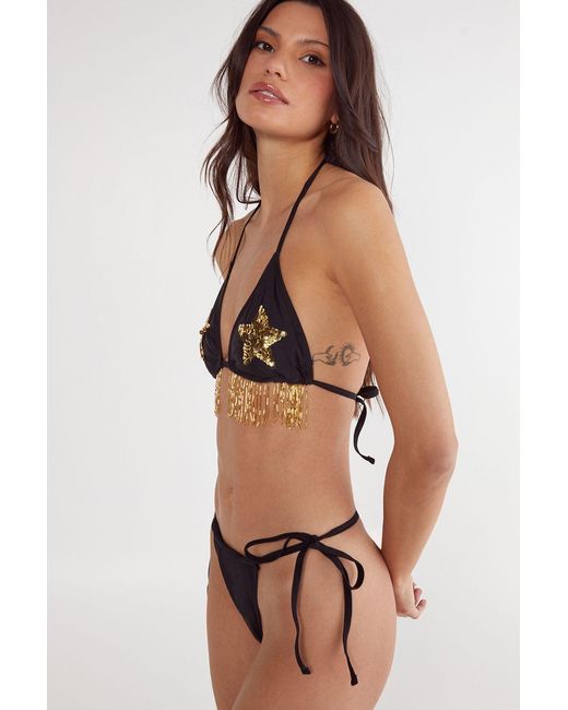 Nasty Gal Black Hand Stitched Star Sequin Triangle Tassel Bikini Set