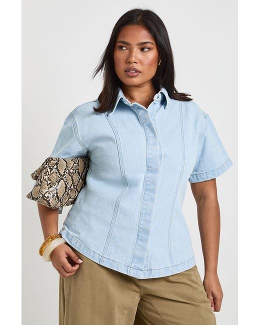 Boohoo Blue Plus Denim Short Sleeve Boxy Shirt