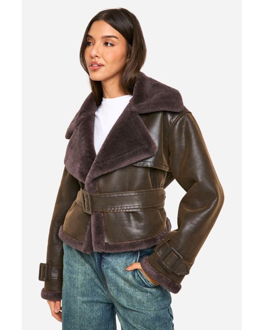 Boohoo Brown Luxe Faux Fur Trim Belted Aviator