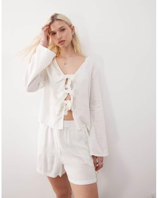 Noisy May Natural Linen Mix Tie Front Top Co-Ord