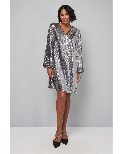 Wallis Gray Mixed Sequin V Neck Shift Dress