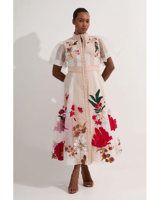 Karen Millen Plus Size Botanical Embroidery Organdie Midi Dress in Natural  | Lyst UK