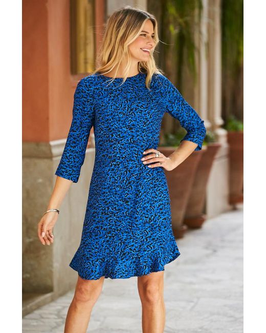 Sosandar Blue Animal Ruffle Hem Shift Dress