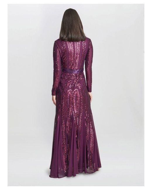 Gina Bacconi Purple Gwen Long-Sleeved Sequined Gown