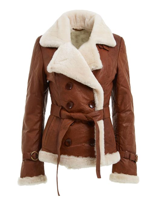 Infinity Leather Brown Double Breasted Sheepskin Aviator Jacket-Leshan