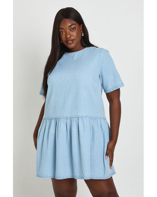 Boohoo Blue Plus Chambray Short Sleeve Skater Dress