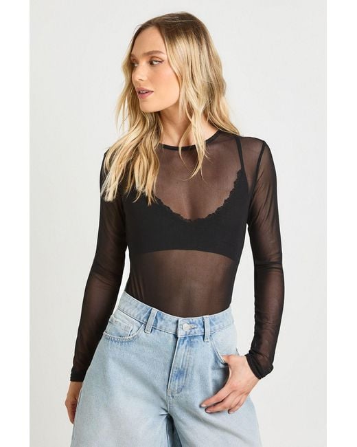 Boohoo Black Petite Basic Mesh Long Sleeve Bodysuit
