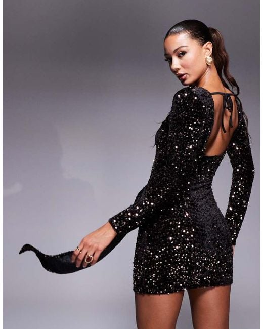 ASOS Black Long Sleeve Shoulder Pad Sequin Mini Dress With Sash Detail