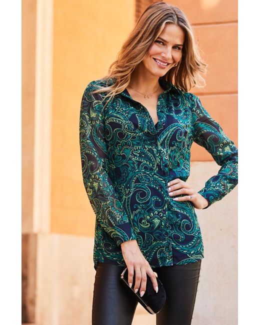 Sosandar Green Paisley Print Sheer Sleeve Shirt