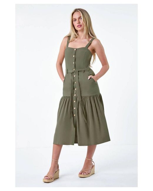 Roman Petite Green Button Front Tiered Midi Dress