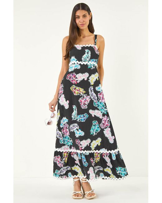 Roman White Feather Print Ric Rac Maxi Dress