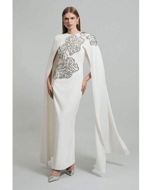 Karen Millen Gray Petite Placed Floral Crystal Embellished Tailored Drama Cape Maxi Dress