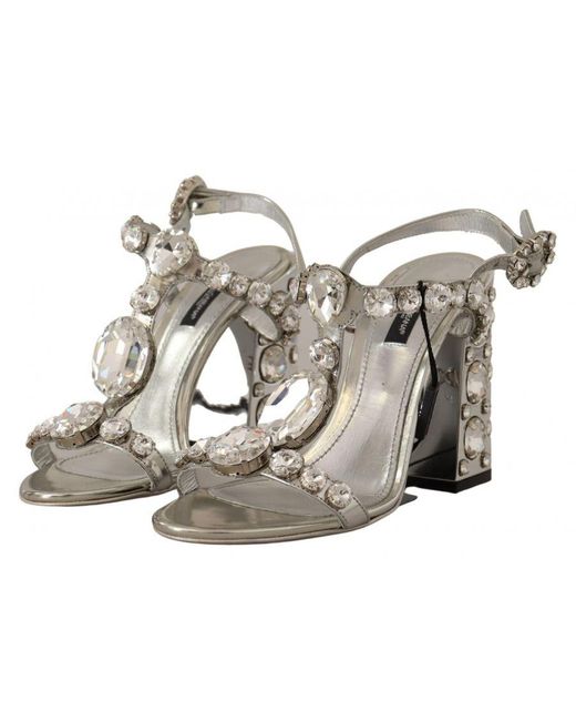 Dolce & Gabbana Metallic Crystals Strap Buckle High Heel Sandals Leather