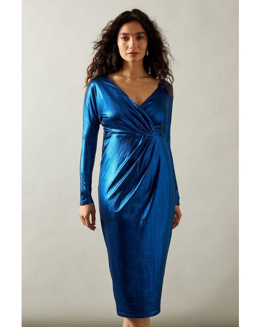 Wallis Blue Occasion Metallic Jersey Wrap Pencil Dress