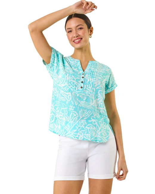 Roman Blue Leaf Print V-Neck Button Top