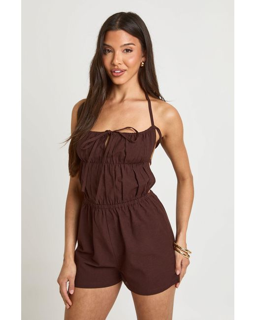 Boohoo Purple Linen Look Shirred Playsuit