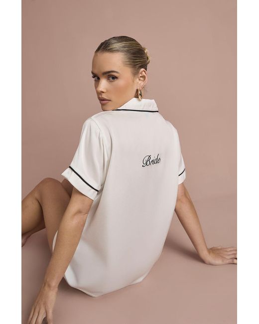 Boohoo Natural Bridal 'Bride' Satin Embroidered Short Sleeve Shirt & Pyjama Set
