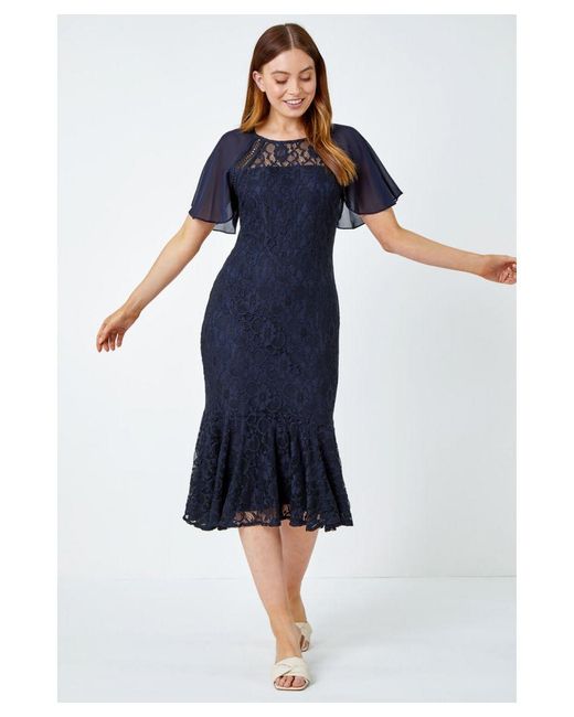 Roman Blue Angel Sleeve Stretch Lace Midi Dress