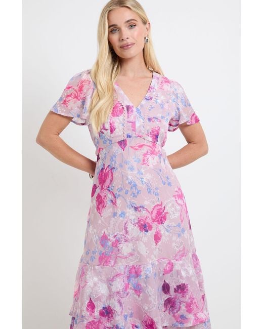 Wallis Pink Petite Floral Burn Out Ruffle Sleeve Midi Dress