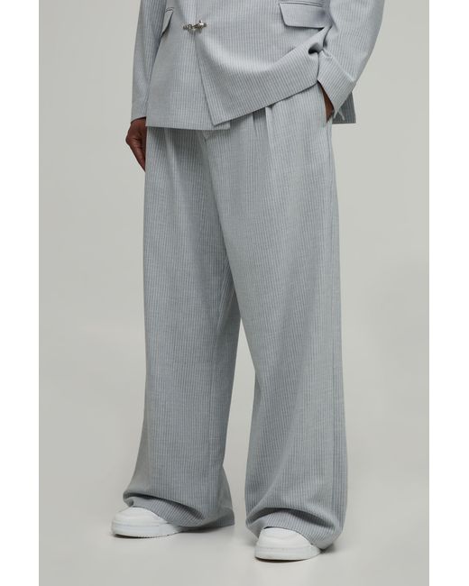 BoohooMAN Gray Tailored Pinstripe Pleat Front Wide Fit Suit Trousers