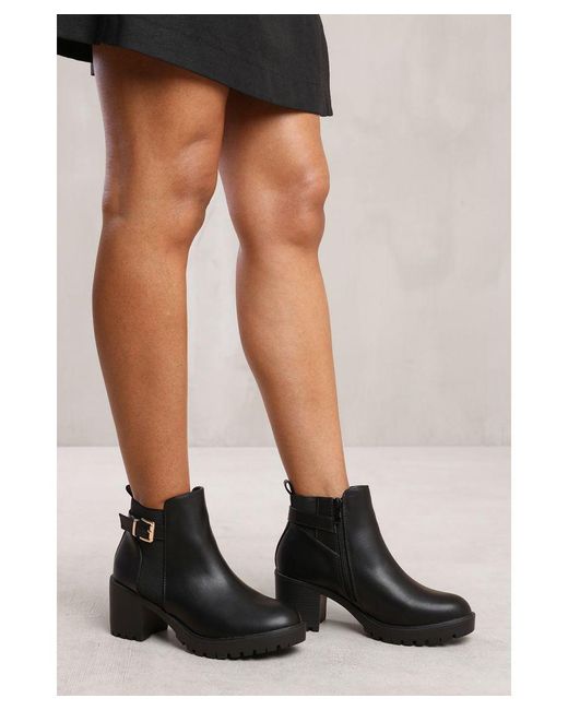 Where's That From Black Wheres 'Maylah' Mid Block Heel With Buckle Detail Stretch Ankle Boots