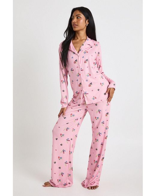 Boohoo Pink Winter Berry Long Sleeve Shirt & Trousers Pyjama Set