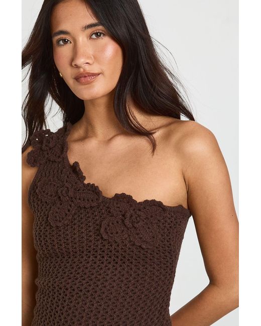 Boohoo Brown Crochet Floral Corsage One Shoulder Top