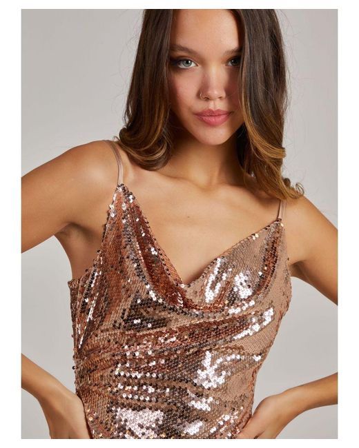 Pink Vanilla Metallic Cowl Neck Mini Dress