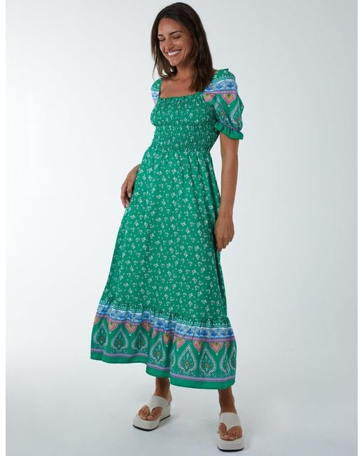 Blue Vanilla Green Shirred Floral Maxi Dress