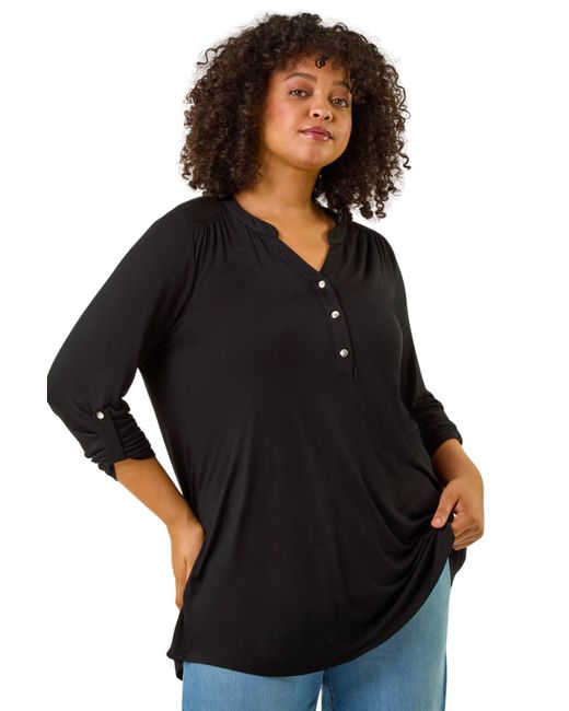 Roman Black Curve Buttoned Stretch Top