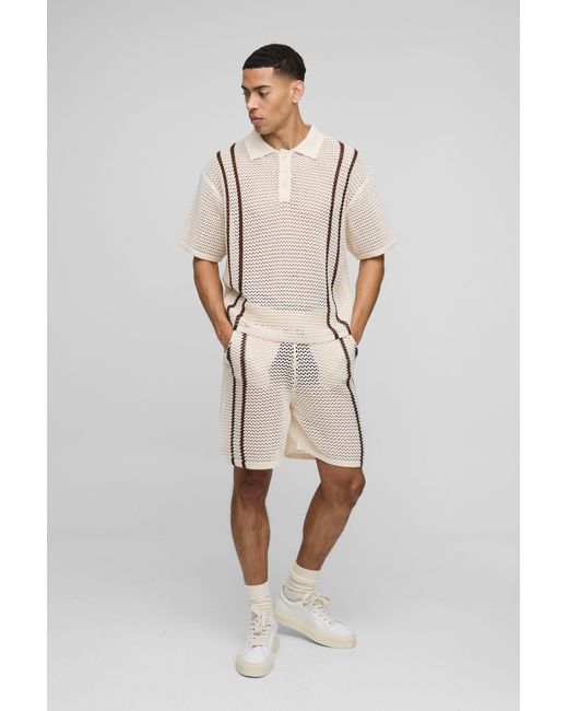 BoohooMAN White Boxy Fit Open Stitch Stripe Button Neck Knitted Polo Shorts Set for men
